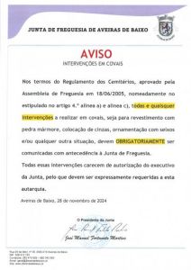 Aviso - Cemitérios da Freguesia de Aveiras de Baixo 